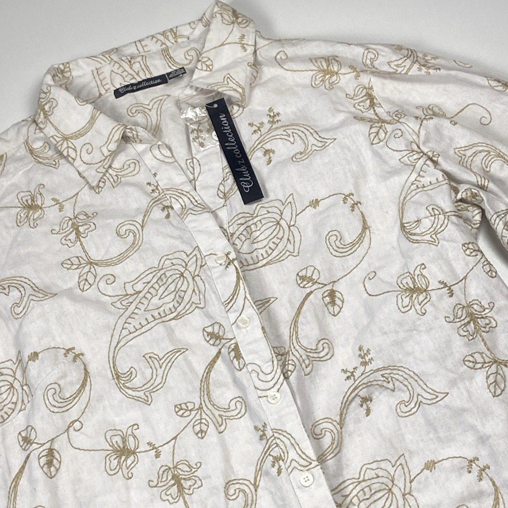 Club Z Collection Linen Blend Button Up Shirt Sz 2X Embroidered Vacation Top NWT